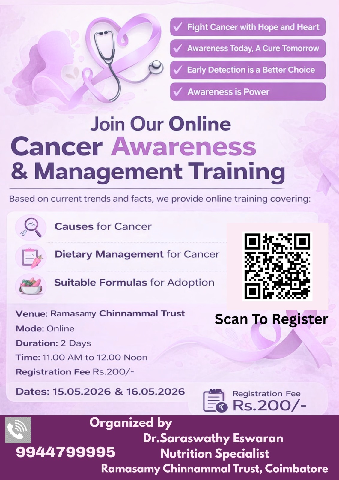 Cancer is increasing due to many factors, to reduce the cancer an awareness programme is organised for the welfare of human